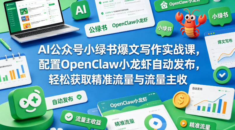 AI公众号小绿书爆文写作实战课，配置OpenClaw小龙虾自动发布，轻松获取精准流量与流量主收益-皮皮网创