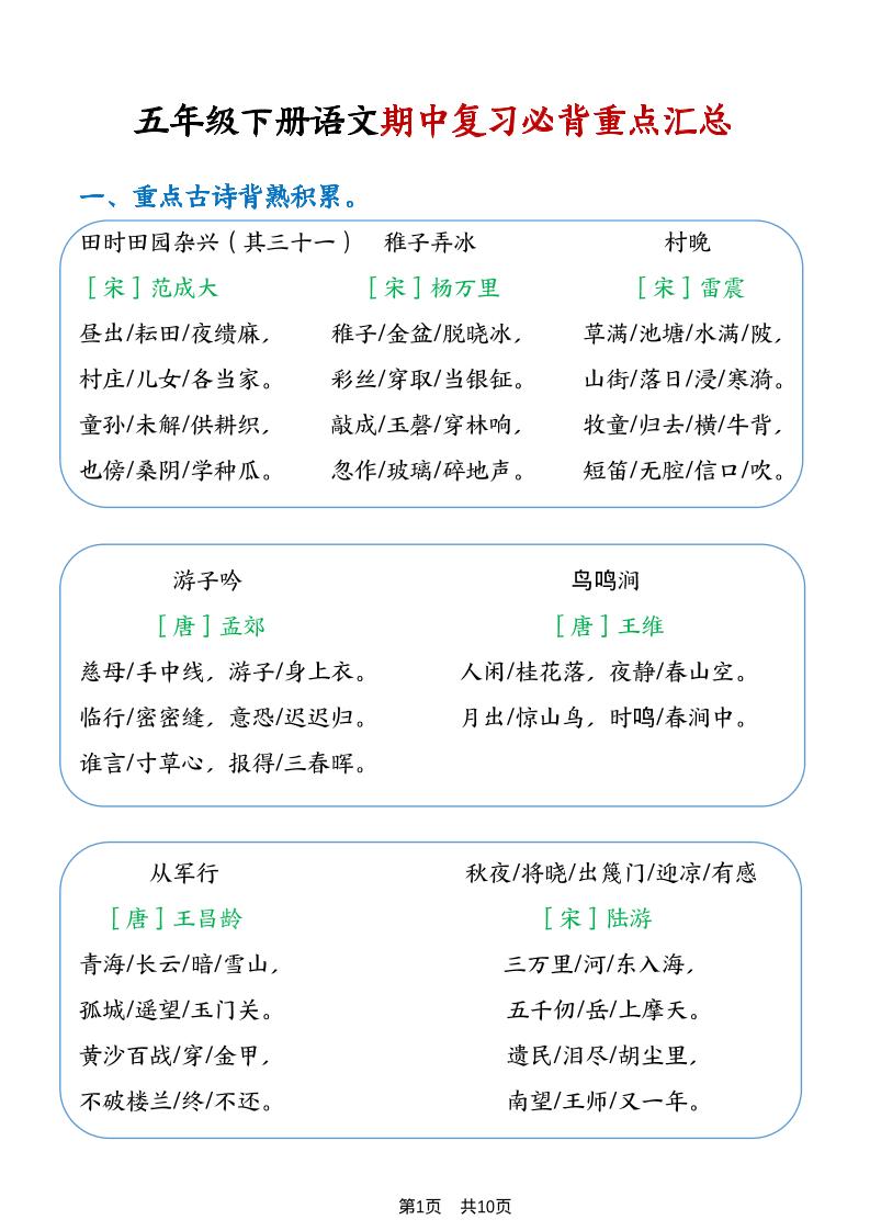 五年级下语文期中复习重点知识点汇总1-皮皮网创