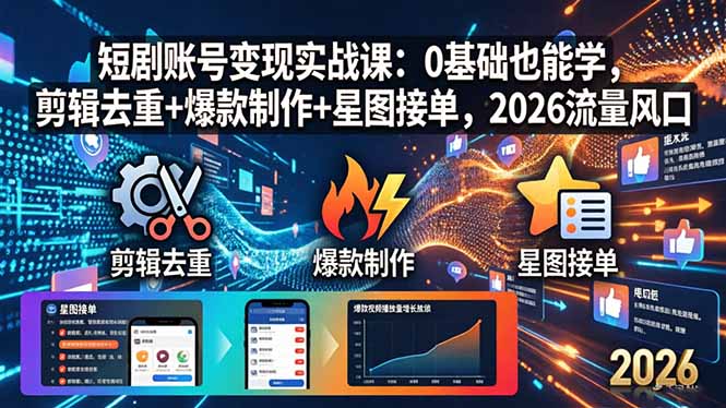 短剧账号变现实战课：0基础也能学，剪辑去重+爆款制作+星图接单，2026流量风口-皮皮网创