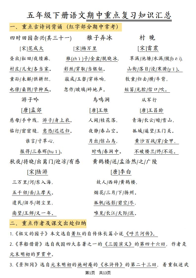 五年级下语文期中重点复习知识汇总-皮皮网创