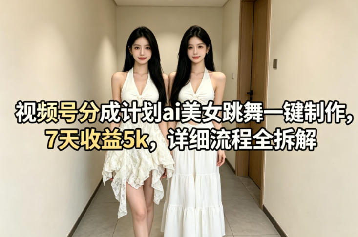 视频号分成计划ai美女跳舞一键制作，7天收益5k，详细流程全拆解-皮皮网创