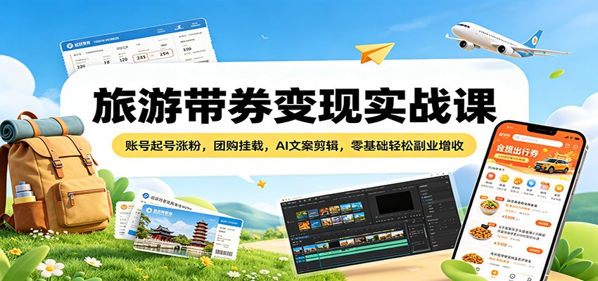 旅游带券变现实战课：账号起号涨粉，团购挂载，AI文案剪辑，零基础轻松副业增收-皮皮网创