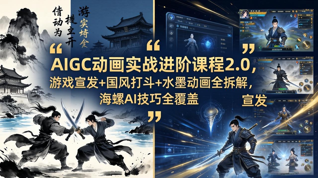 AIGC动画实战进阶课程2.0，游戏宣发+国风打斗+水墨动画全拆解，海螺AI技巧全覆盖-皮皮网创