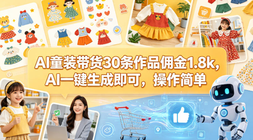 AI童装带货30条作品佣金1.8k，AI一键生成即可，操作简单-皮皮网创