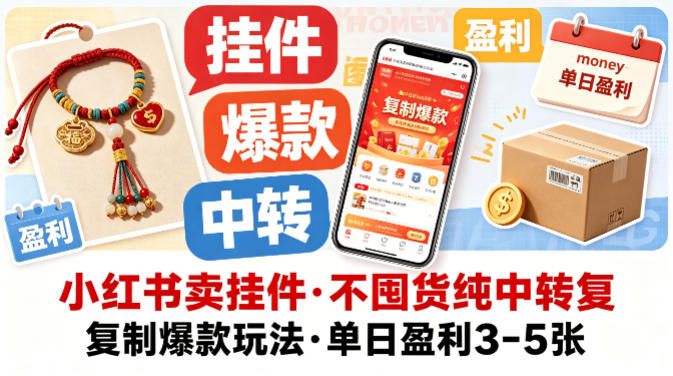 小红书卖挂件，不囤货纯中转复制爆款玩法，单日盈利3-5张-皮皮网创