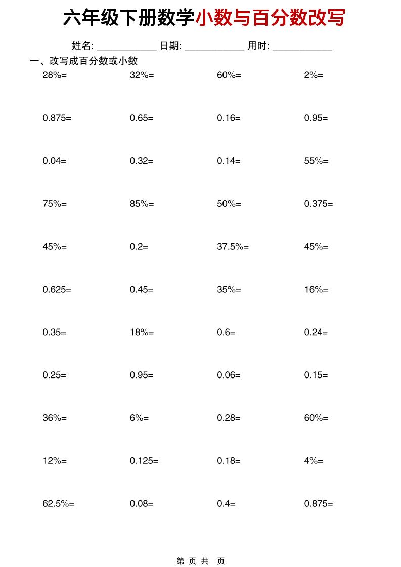 六年级下数学小数与百分数改写-皮皮网创