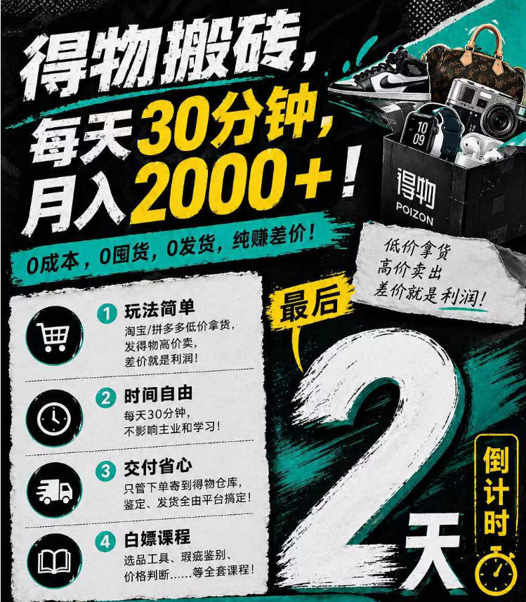 得物搬砖，0成本起步每天30分钟，月入2000+，0成本，0囤货，0发货，纯賺差价-皮皮网创