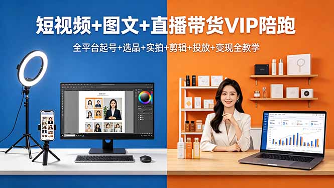 短视频+图文+直播带货VIP陪跑，全平台起号+选品+实拍+剪辑+投放+变现全教学-皮皮网创