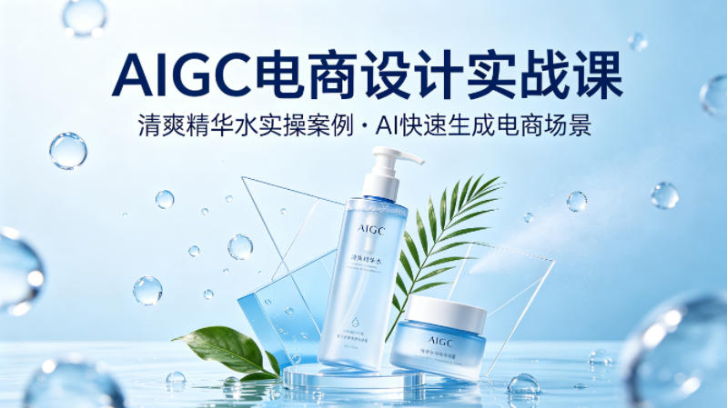 AIGC电商设计实战课，以清爽精华水为实操案例，教你用AI快速生成电商场景-皮皮网创