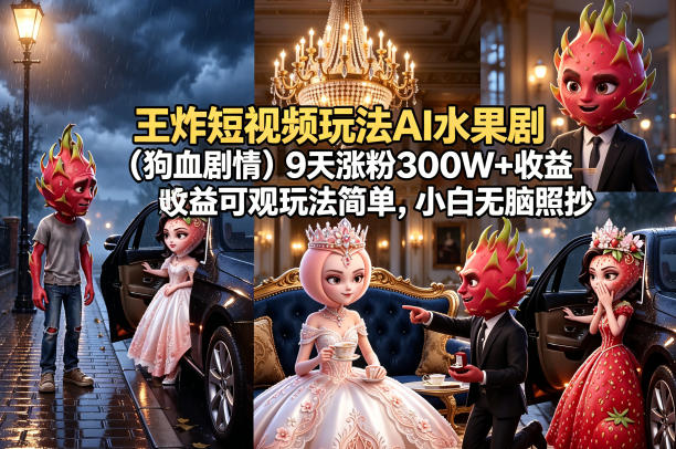 王炸短视频玩法AI水果剧(狗血剧情)9天涨粉300W+收益可观玩法简单，小白无脑照抄，详细拆解玩法-皮皮网创