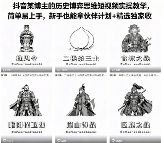 抖音某博主的历史博弈思维短视频实操教学，简单易上手，新手也能拿伙伴计划+精选独家收益-皮皮网创