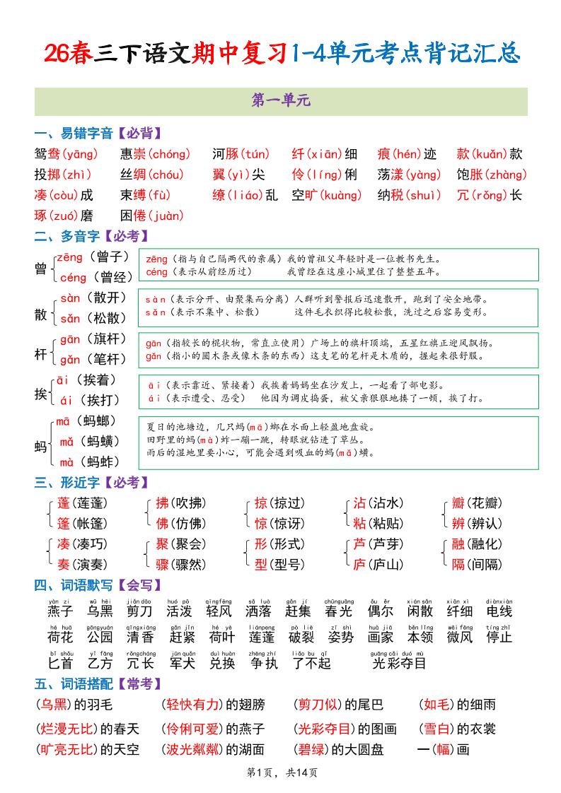 三年级下语文期中复习1-4单元考点背记汇总-皮皮网创
