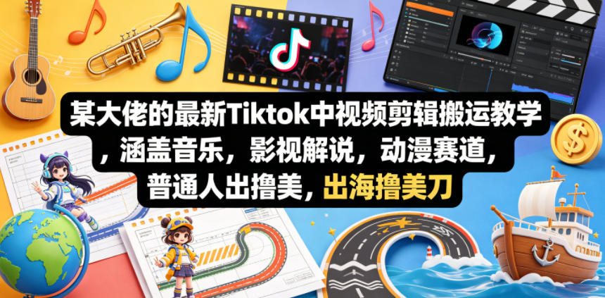 某大佬的最新Tiktok中视频剪辑搬运教学，涵盖音乐，影视解说，动漫赛道，普通人出海撸美刀-皮皮网创