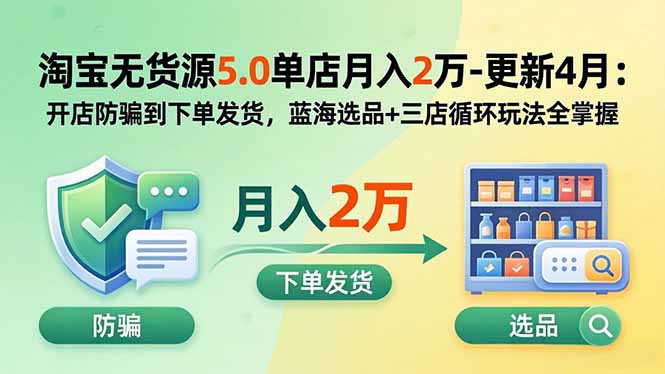 淘宝无货源5.0单店月入2万-更新5月：开店防骗到下单发货，蓝海选品+三店循环玩法全掌握-皮皮网创
