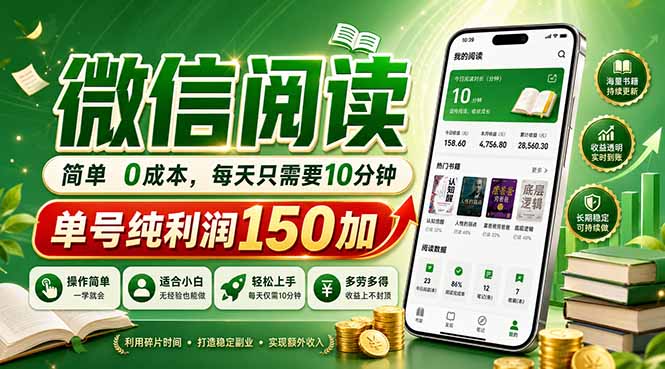最新微信阅读，每日10分钟，单号利润150+，可批量放大操作，简单0成本-皮皮网创