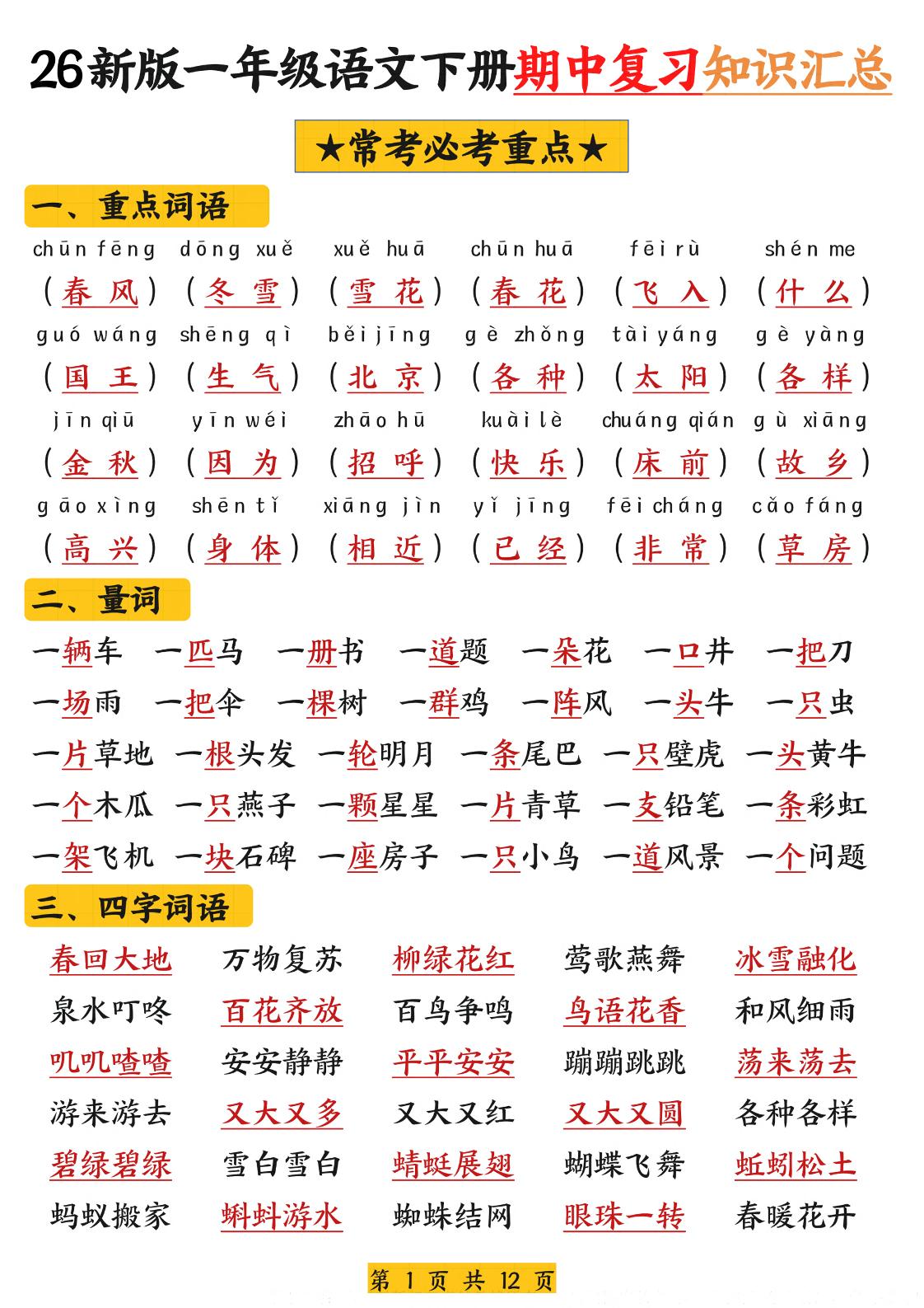 26新版一年级语文下册期中复习知识汇总-皮皮网创