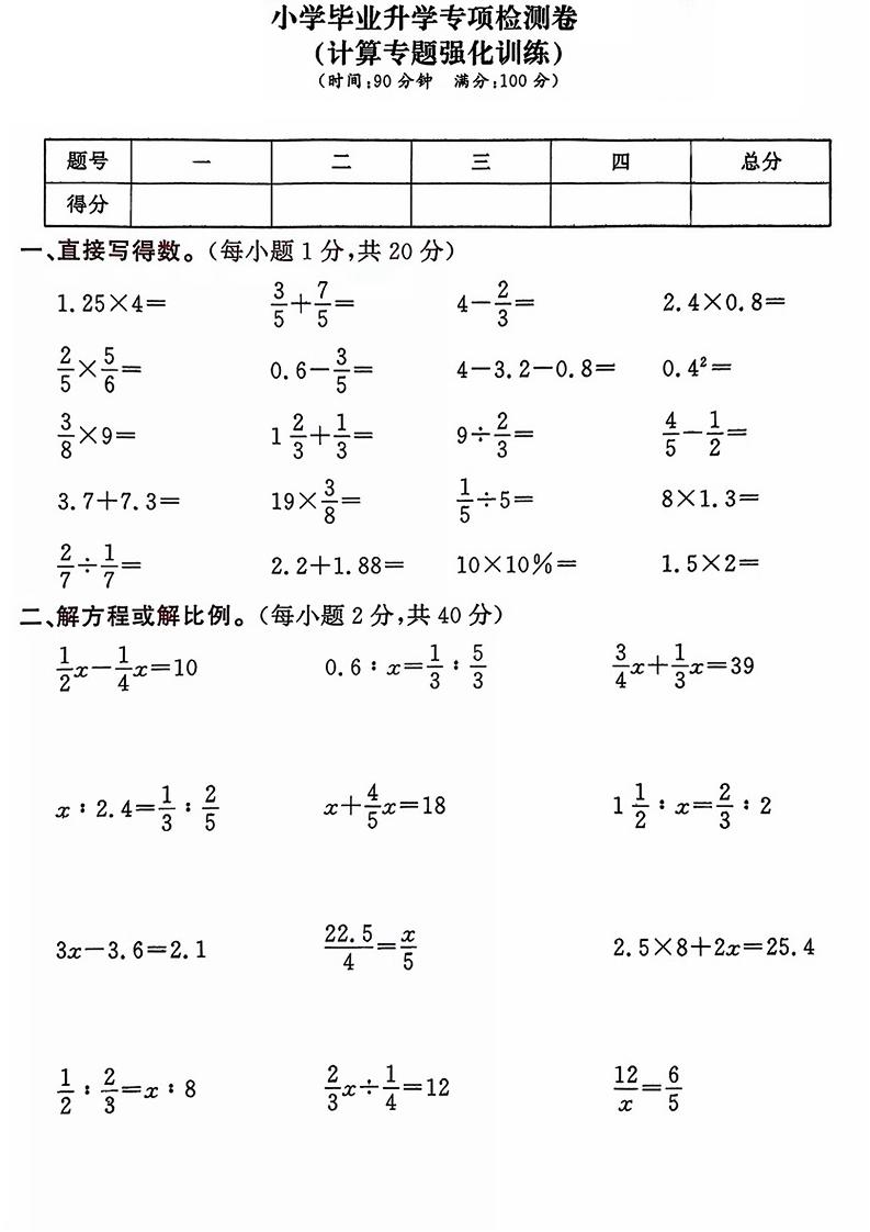 六年级下数学小升初计算专项练习卷-皮皮网创