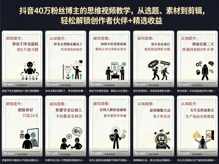 抖音40W粉丝博主的思维视频教学，从选题、素材到剪辑，轻松解锁创作者伙伴+精选收益-皮皮网创