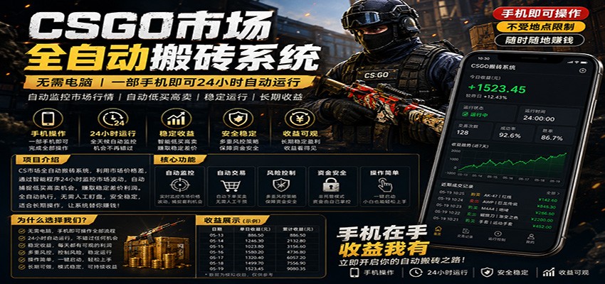 不需要电脑的CS市场自动搬砖系统|自动正常买高卖全天运行 |月入过W【稳定运行】-皮皮网创