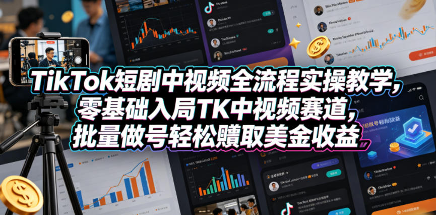 TikTok短剧中视频全流程实操教学，零基础入局TK中视频赛道，批量做号轻松賺取美金收益-皮皮网创