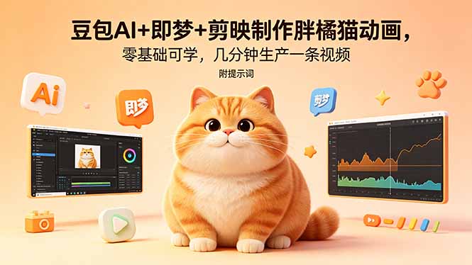豆包AI+即梦+剪映制作胖橘猫动画，零基础可学，几分钟生产一条视频，附提示词-皮皮网创