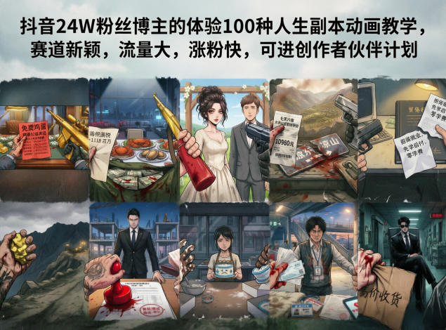 抖音24W粉丝博主的体验100种人生副本动画教学，赛道新颖，流量大，涨粉快，可进创作者伙伴计划-皮皮网创