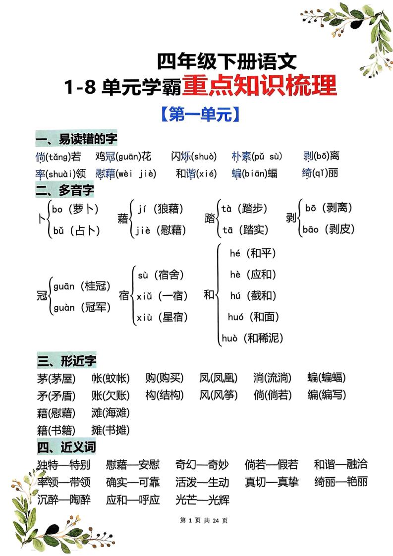 四年级下语文1-8单元学霸重点知识梳理-皮皮网创