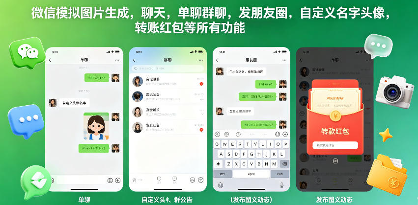 微信模拟图片生成，聊天，单聊群聊，发朋友圈，自定义名字头像，转账红包等所有功能都可以生成-皮皮网创