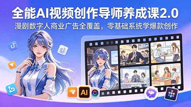 全能AI视频创作导师养成课2.0，漫剧数字人商业广告全覆盖，零基础系统学爆款创作-皮皮网创