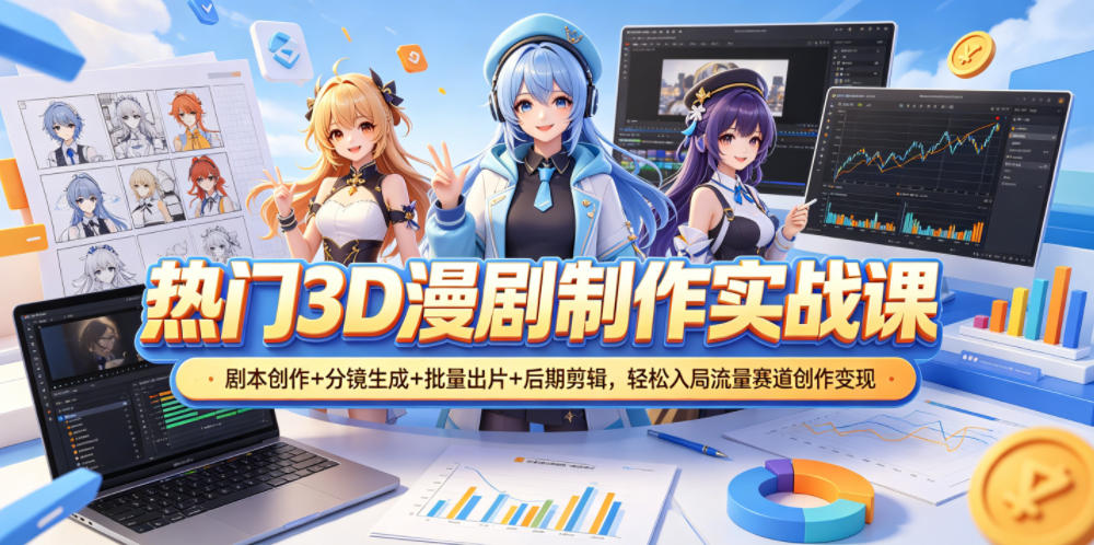 热门3D漫剧制作实战课,剧本创作+分镜生成+批量出片+后期剪辑,轻松入局流量赛道创作变现-皮皮网创