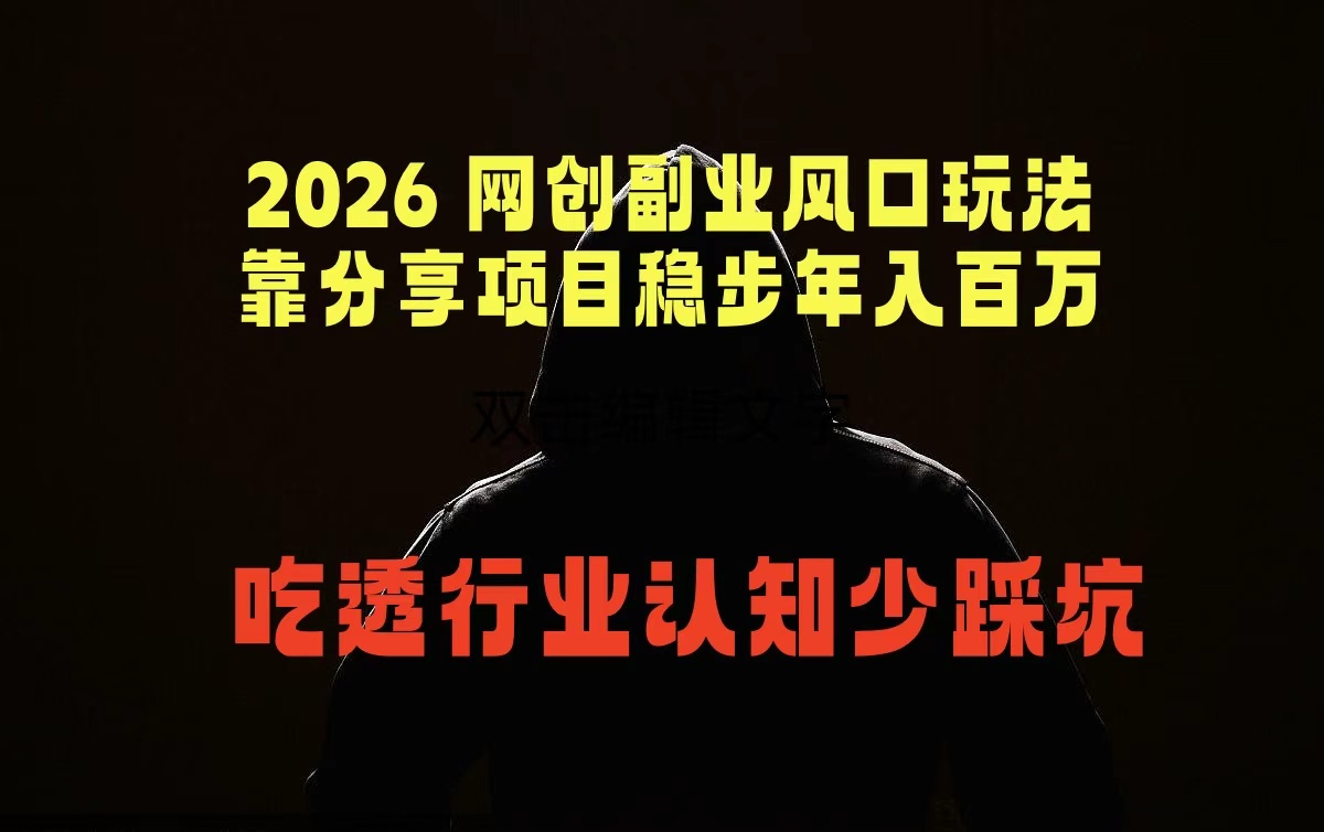 2026 网创副业风口玩法，靠分享项目稳步年入百万，吃透行业认知少踩坑-皮皮网创