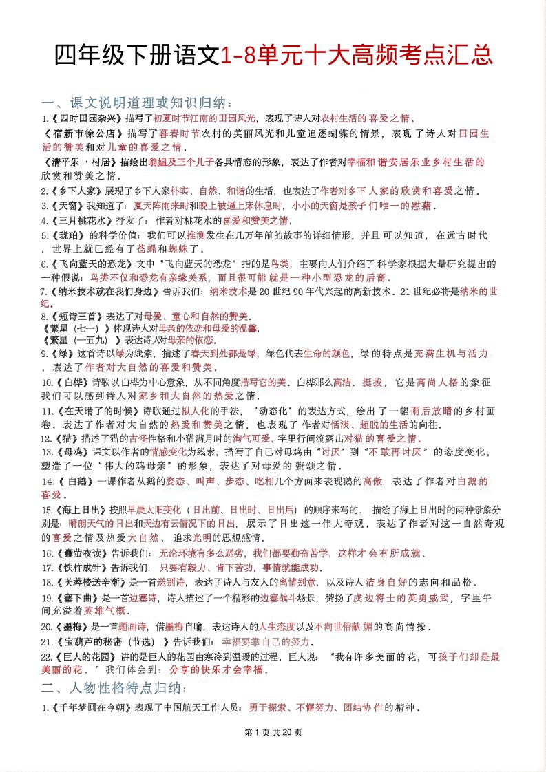 四年级下语文1-8单元十大高频考点汇总-皮皮网创
