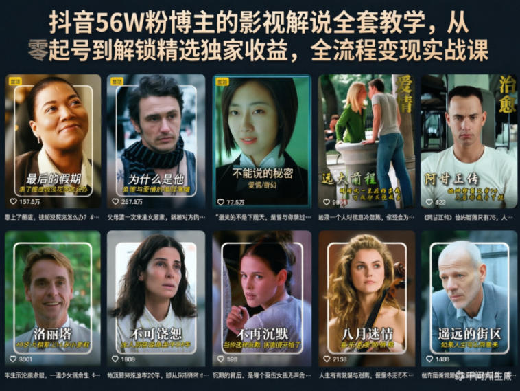 抖音56W粉博主的影视解说全套教学,从零起号到解锁精选独家收益,全流程变现实战课-皮皮网创