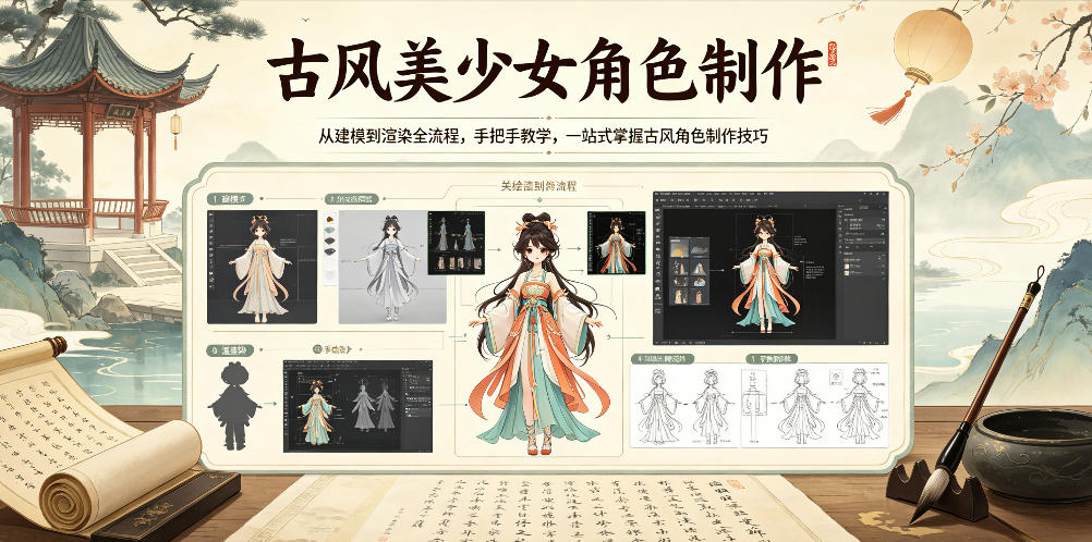 古风美少女角色制作，从建模到渲染全流程，手把手教学，一站式掌握古风角色制作技巧-皮皮网创