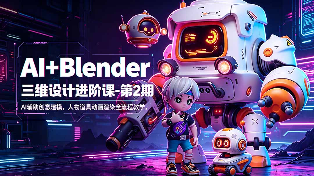 AI+Blender三维设计进阶课-第2期：AI辅助创意建模，人物道具动画渲染全流程教学-皮皮网创