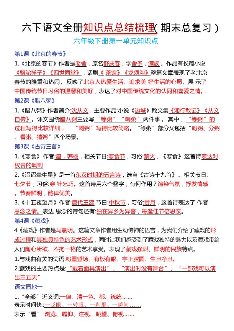 六年级下语文期末复习常考知识点总结-皮皮网创