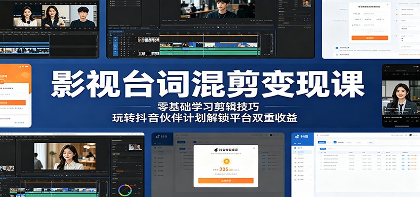 影视台词混剪变现课:零基础学习剪辑技巧,玩转抖音伙伴计划解锁平台双重收益-皮皮网创