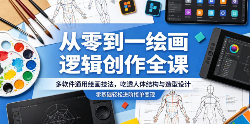 从零到一绘画逻辑创作全课，多软件通用绘画技法，吃透人体结构与造型设计，零基础轻松进阶接单变现-皮皮网创