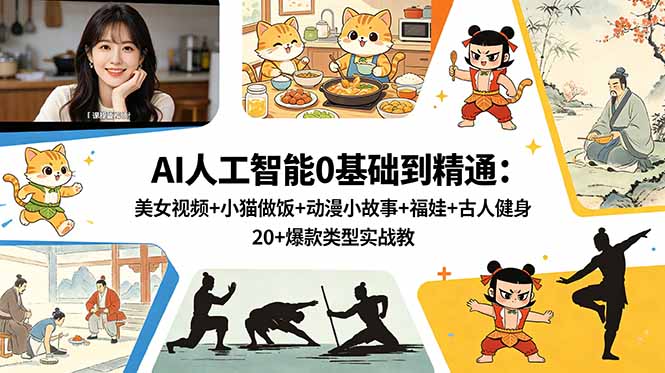 AI人工智能0基础到精通：美女视频+小猫做饭+动漫小故事+福娃+古人健身，20+爆款类型实战教学-皮皮网创