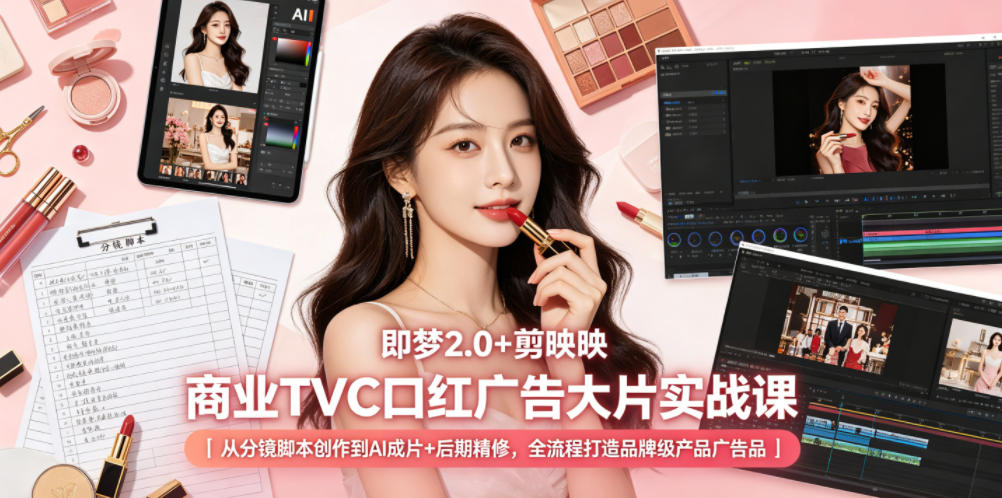即梦2.0+剪映商业TVC口红广告大片实战课｜从分镜脚本创作到AI成片+后期精修，全流程打造品牌级产品广告-皮皮网创