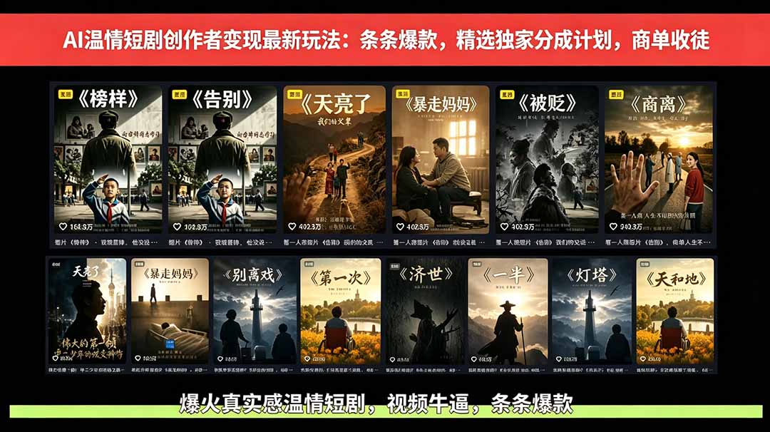 AI温情短剧创作者变现最新玩法：视频牛逼，条条爆款，精选独家分成计划，商单收徒-皮皮网创