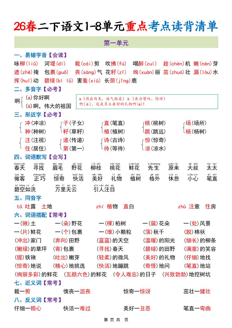 二年级下语文1-8单元重点考点读背清单-皮皮网创
