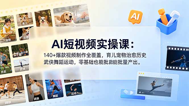 AI短视频实操课:140+爆款视频制作全覆盖,育儿宠物治愈历史武侠舞蹈运动,零基础也能批量产出-皮皮网创