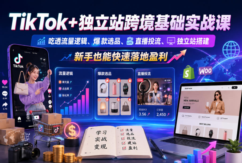 TikTok+独立站跨境基础实战课,吃透流量逻辑、爆款选品、直播投流与独立站搭建,新手也能快速落地盈利-皮皮网创