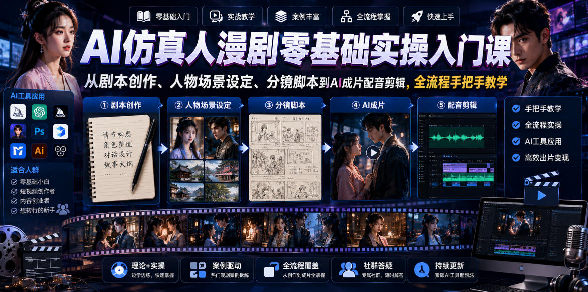 AI仿真人漫剧零基础实操入门课，从剧本创作、人物场景设定、分镜脚本到AI成片配音剪辑，全流程手把手教学-皮皮网创