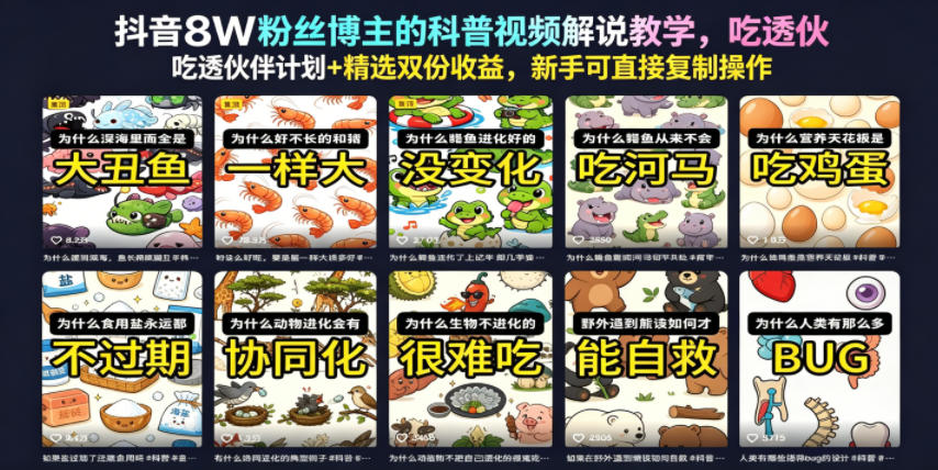 抖音8W粉丝博主的科普视频解说教学,吃透伙伴计划+精选双份收益,新手可直接复制操作-皮皮网创