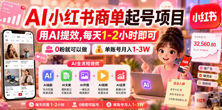 AI小红书商单起号项目,用AI提效,每天1-2小时即可,0粉就可以做,单账号月入1-3W-皮皮网创
