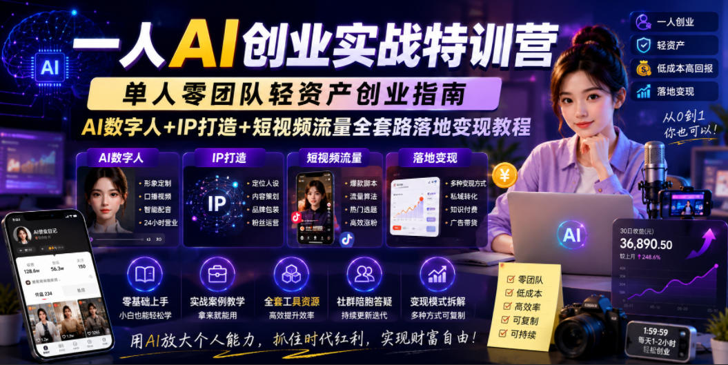 一人AI创业实战特训营，单人零团队轻资产创业指南，AI数字人+IP打造+短视频流量全套路落地变现教程-皮皮网创