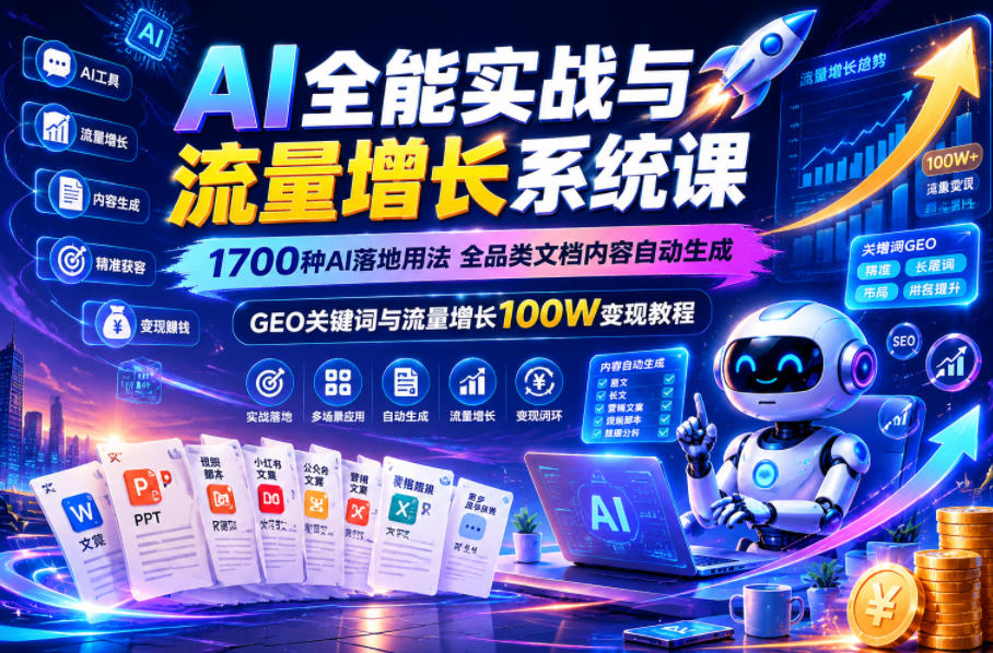 AI全能实战与流量增长系统课，1700种AI落地用法，全品类文档内容自动生成，GEO关键词与流量增长100W变现教程-皮皮网创