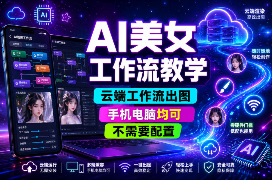 AI美女工作流教学，云端工作流出图，手机电脑均可，不需要配置，快速起号涨粉-皮皮网创